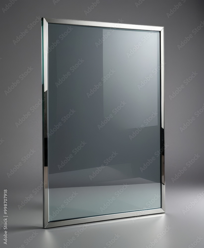 Poster a rectangular glass panel with a silver frame, set against a gray background