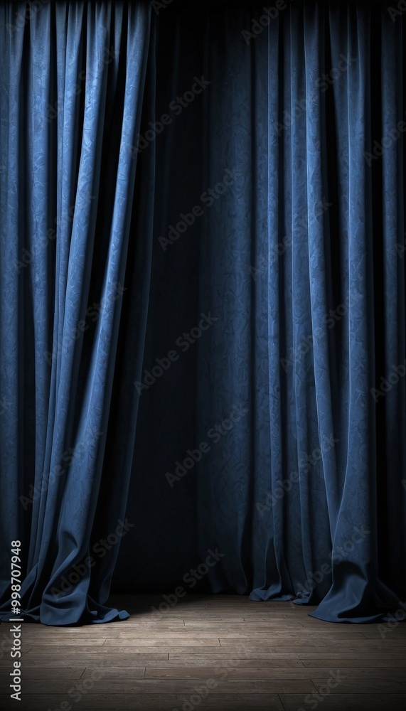Poster a dark blue curtain is partially open, revealing a wooden floor and a dark background, creating a th