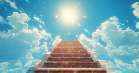 Obraz premium Heavenly stairway leading into a bright blue sky filled with fluffy white clouds and radiant sunlight shining down