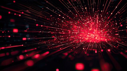Red glowing digital particles on a black background, energy and motion concept.