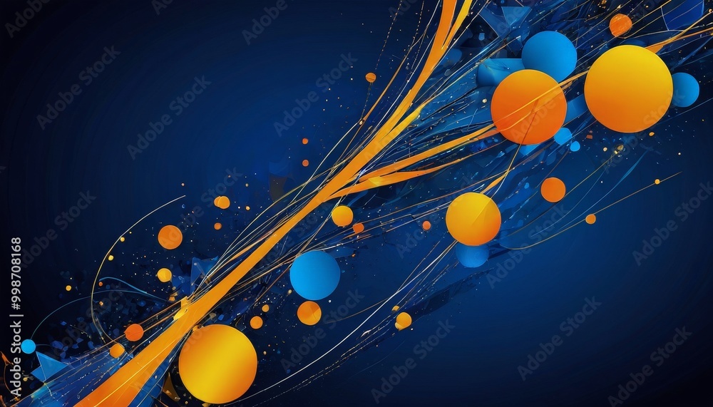 Poster a vibrant abstract composition of overlapping circles and lines in shades of blue and orange against