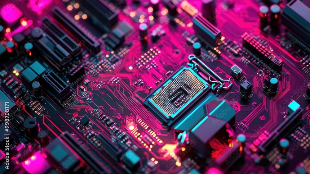 Poster colorful computer motherboard with cpu processors and intricate data circuits, showcasing the core o