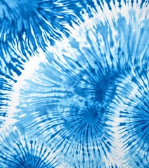 a close-up view tie-dye fabric with a swirling pattern of blue and white colors