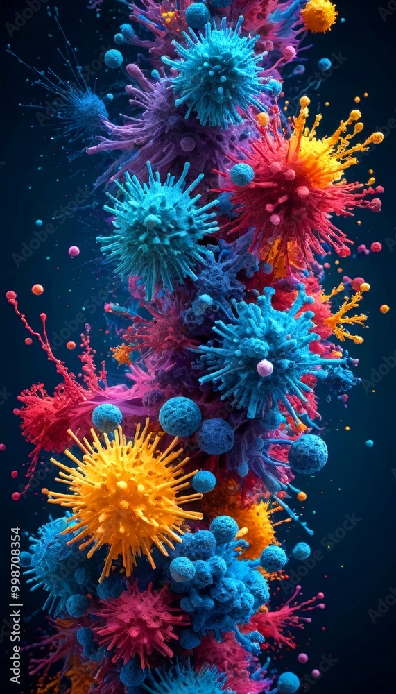 Poster a vibrant, abstract representation virus, composed of numerous spherical particles in various colors