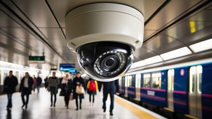 A close-up of a dome-shaped CCTV camera mounted on the ceiling of a busy subway station. The lens is focused on the platform, with commuters walking, and an arriving train visible in the background