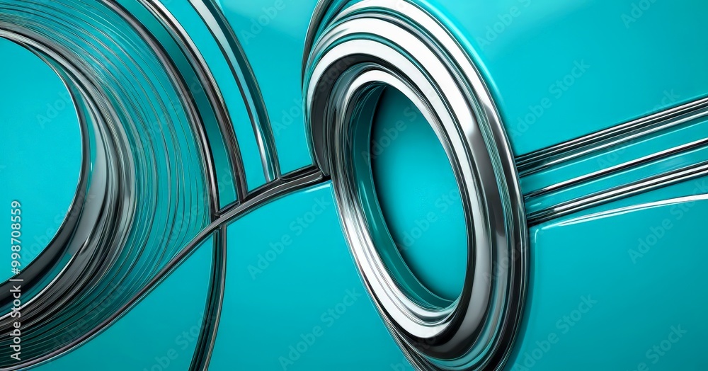 Leinwandbilder a close-up view teal-colored abstract design composed of overlapping metallic rings and lines, creating a sense of depth and complexity