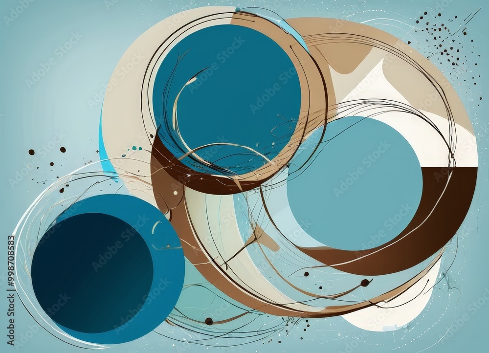Aufkleber a vibrant abstract composition of overlapping circles in various shades of blue, brown, and white, with splashes of color and dynamic lines, creating a sense of movement