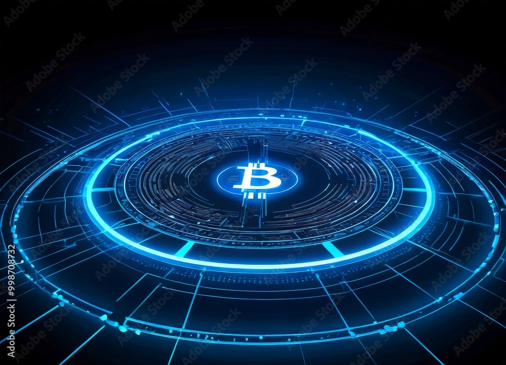 Poster a futuristic digital interface with a glowing blue Bitcoin symbol at its center, surrounded by a network of interconnected lines and lines of code