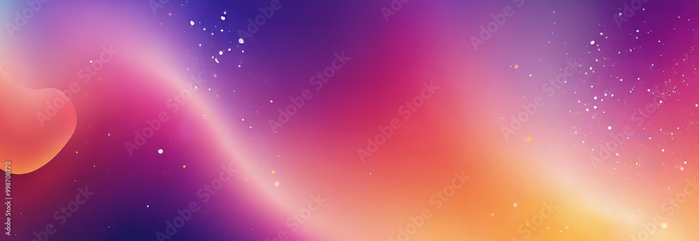 Poster a gradient background transitioning from purple to orange, with scattered white dots and a faint out