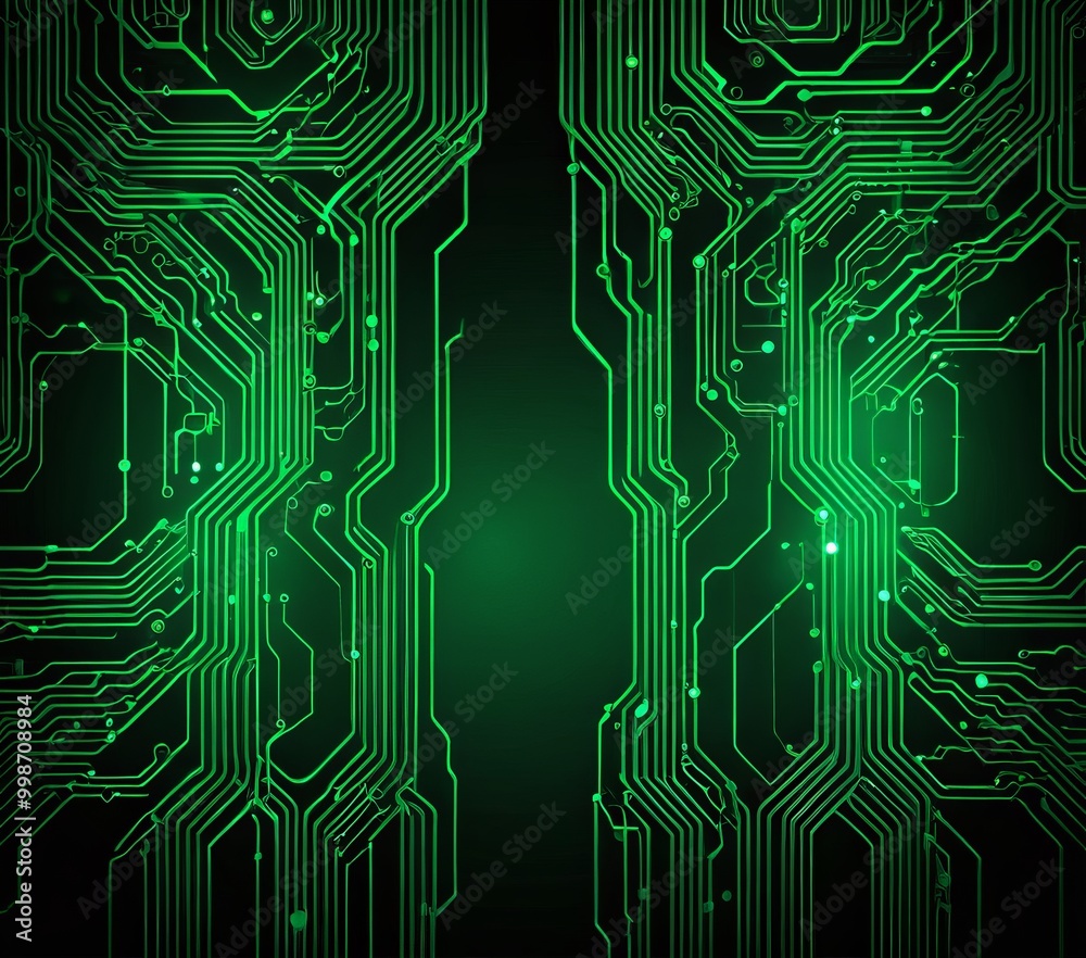 Poster a striking digital circuit board, in a vibrant green color The circuit board is composed of numerous lines and traces, creating a complex network