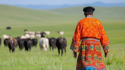 Mongolian nomadic herder in traditional attire amid scenic plains for cultural poster