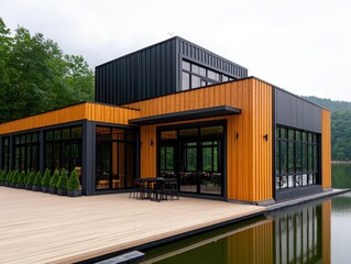Naklejka premium Elegant container restaurant exterior with light wood finish, large windows, and view of a blooming meadow
