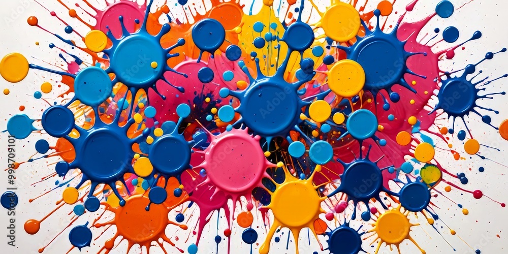 Poster a vibrant abstract painting featuring a multitude of colorful paint splatters in various shades of b