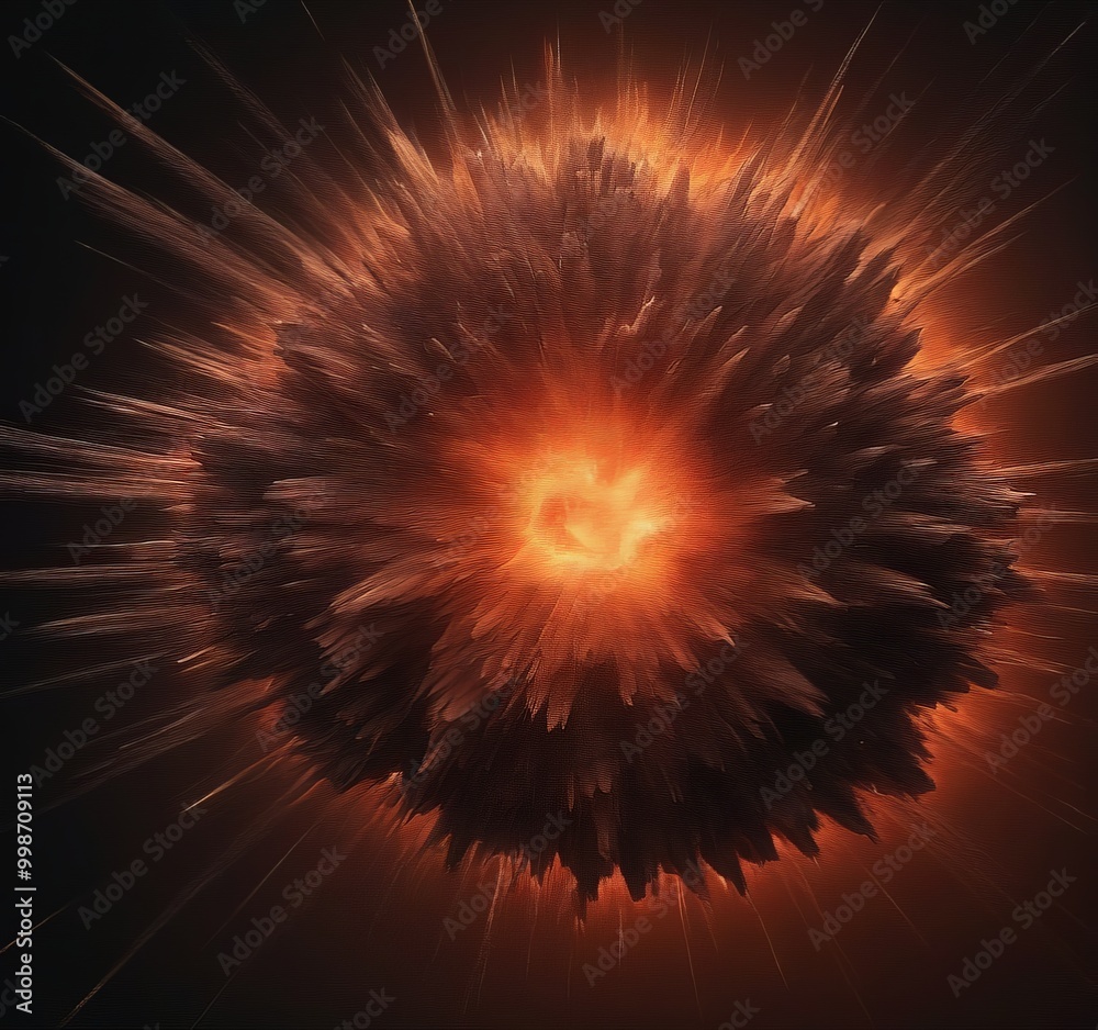 Poster a large explosion with a bright orange center, radiating outwards in a radial pattern against a dark