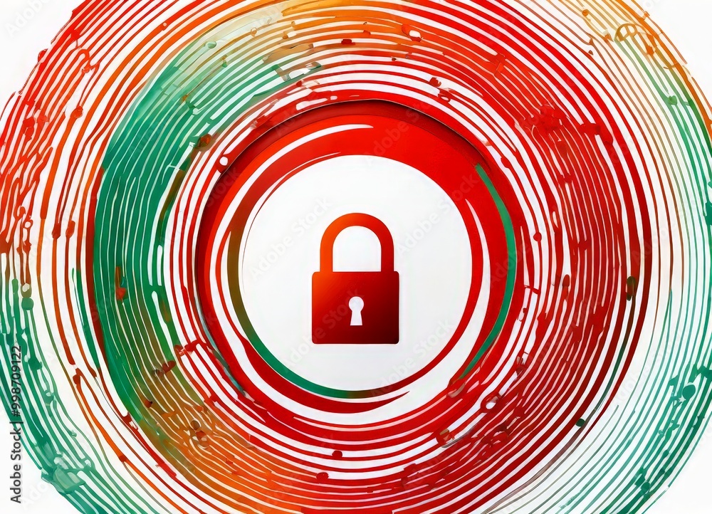 Aufkleber a red padlock symbol in the center, surrounded by a colorful abstract pattern of concentric circles in various shades of green, orange, and red