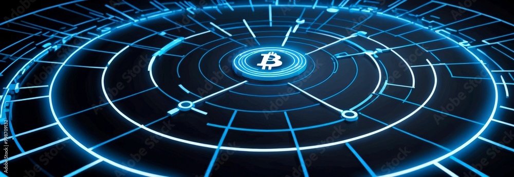 Poster a futuristic digital interface with a central blue Bitcoin symbol surrounded by concentric blue lines and a network of interconnected lines, suggesting a complex network