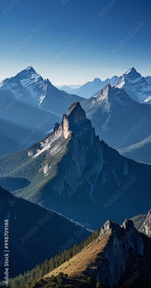 Poster a breathtaking mountain range unfolds under a clear blue sky, with snow-capped peaks and a rugged te