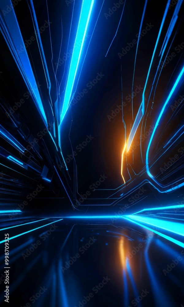 Leinwandbilder a futuristic, abstract scene with a dark background and a series of blue and orange lines and beams,