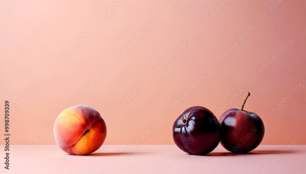 Poster a single peach sits on a pink background, flanked by two plums, creating a visually balanced still l
