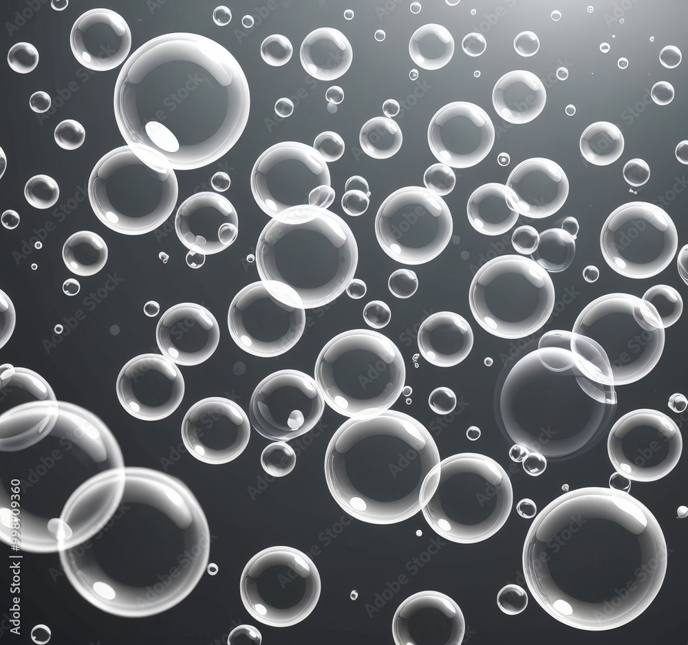 Poster A collection of numerous transparent soap bubbles floating against a dark background.