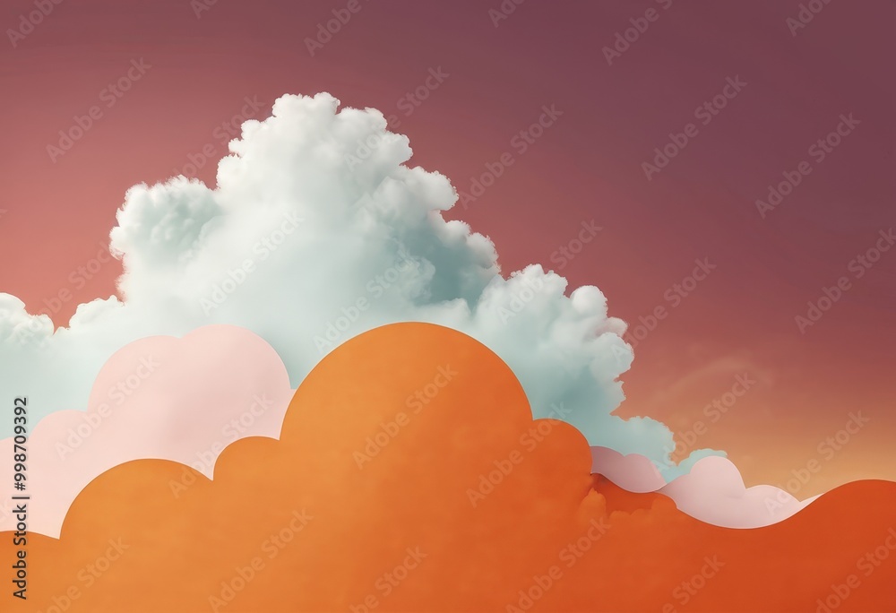 Poster a serene sky with fluffy white clouds and a gradient of orange and pink hues, creating a tranquil and dreamy atmosphere.