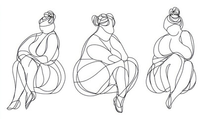 A sophisticated line art piece showcasing three seated figures from different angles and in varying poses, exhibiting a blend of elegance, form, and creative observation.
