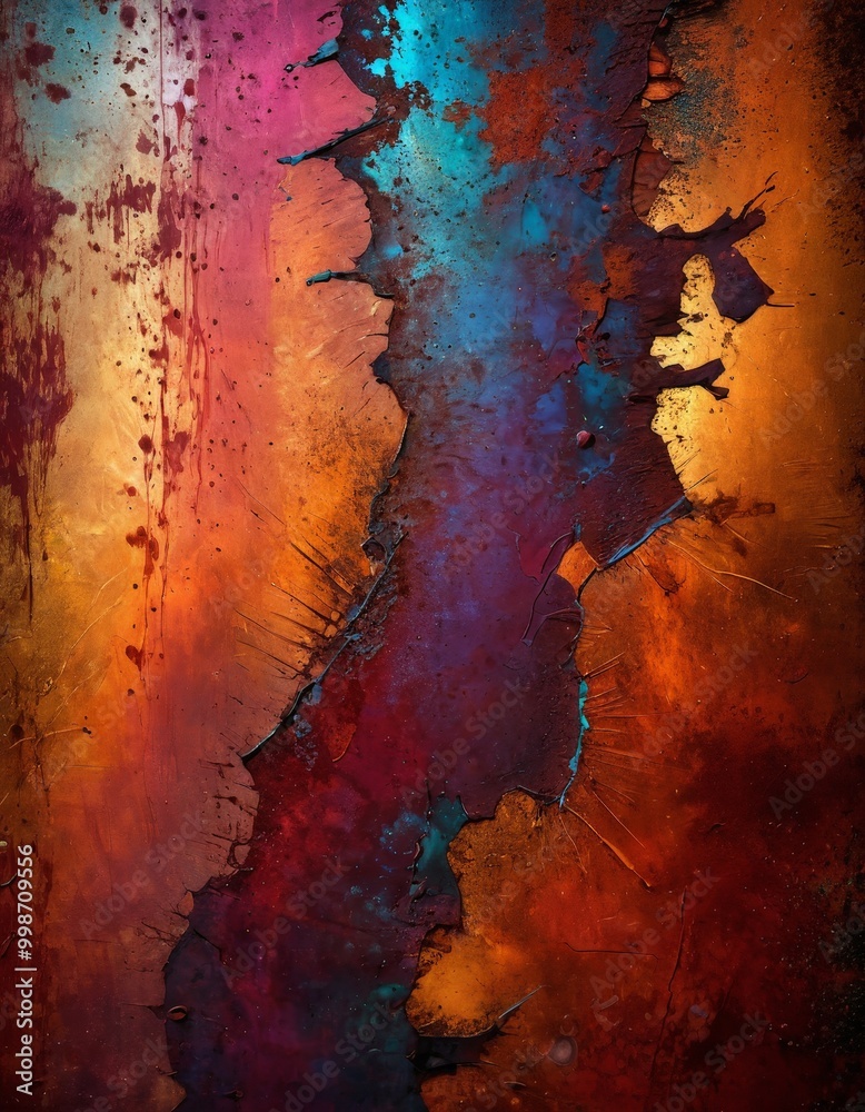 Aufkleber an abstract representation textured surface, featuring a mix of warm and cool colors, with splatters and splotches of paint creating a dynamic and