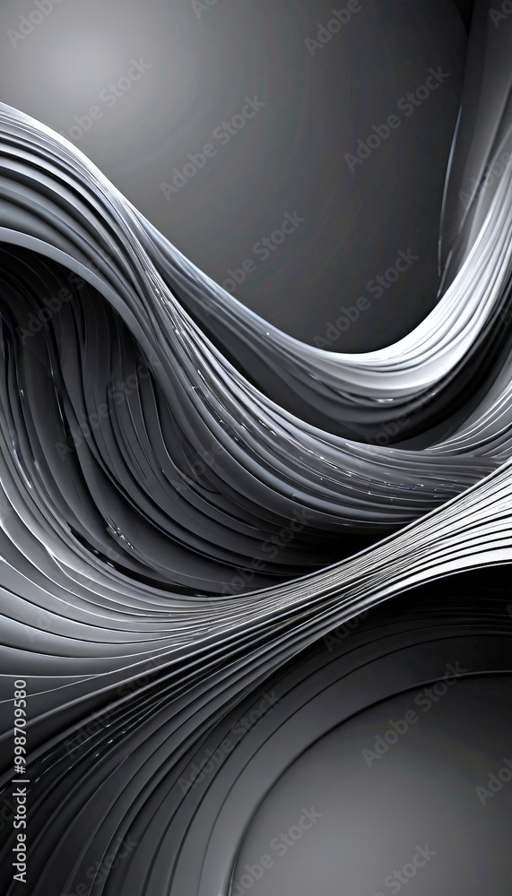 Poster a complex, abstract pattern of curved lines and lines, creating a sense of movement and dynamism The background is a solid, dark gray color, which contrasts with the