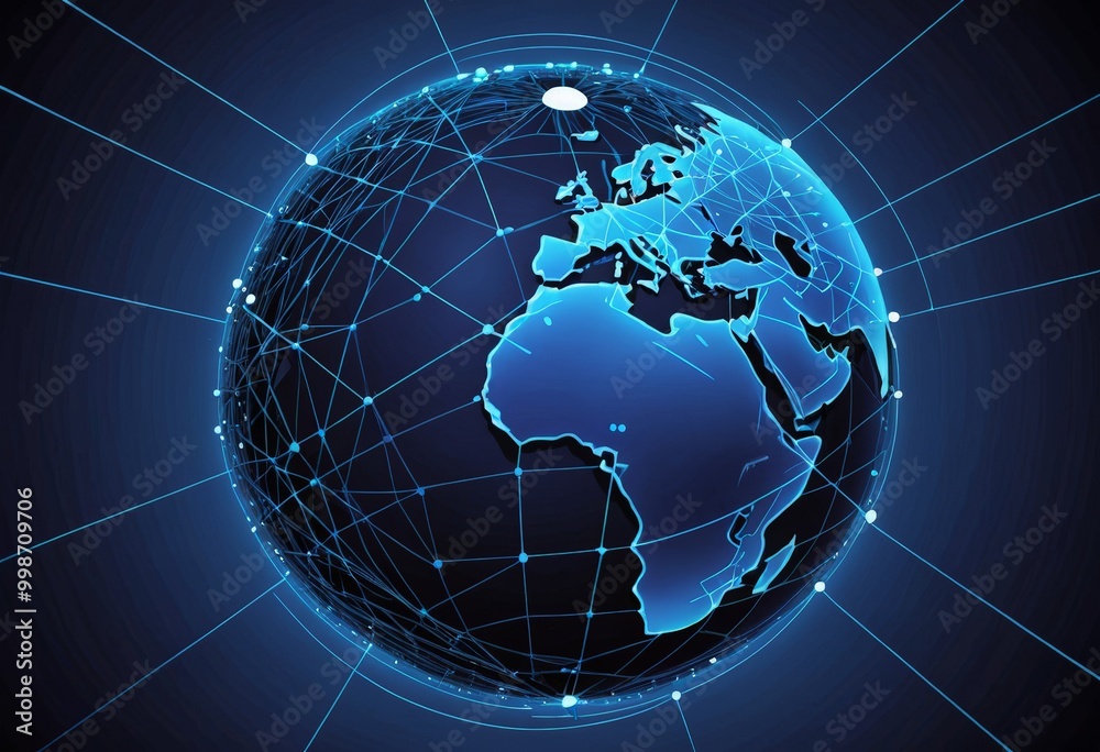 Poster a digital globe, with a network of interconnected lines and dots representing the global communication and information infrastructure