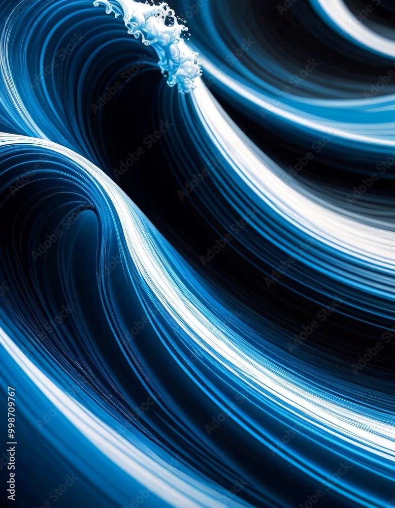 Poster a digital art piece featuring a wave-like pattern with blue and white lines, creating a sense of movement and fluidity