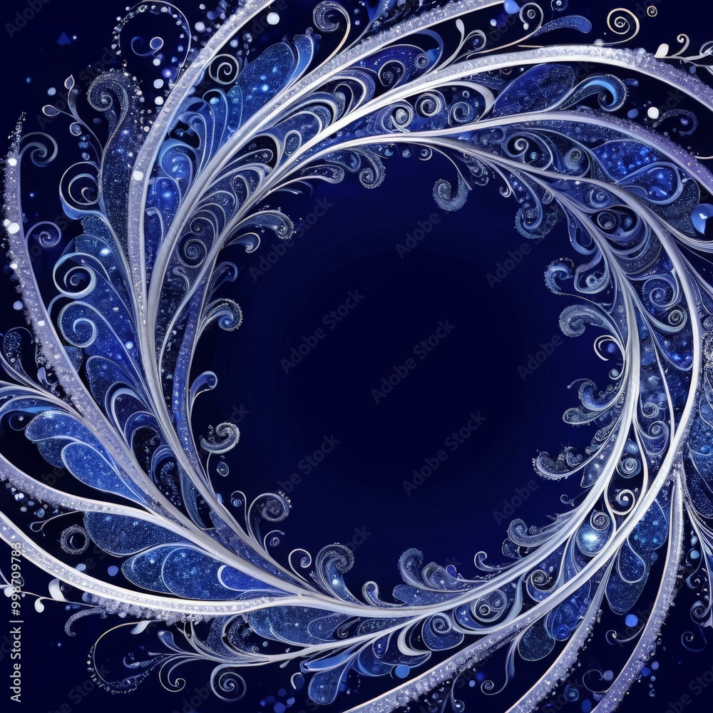 Poster a circular pattern with a dark blue background and intricate white swirls and curves The pattern is symmetrical, with the central design being the focal point The does
