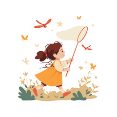 Cute girl catching butterfly with net, vector cartoon happy child running on the lawn. Kids outdoor activity. Illustration isolated on white.