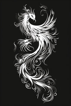 Elegant white phoenix design with intricate flourishing patterns on a black background, T-shirt print