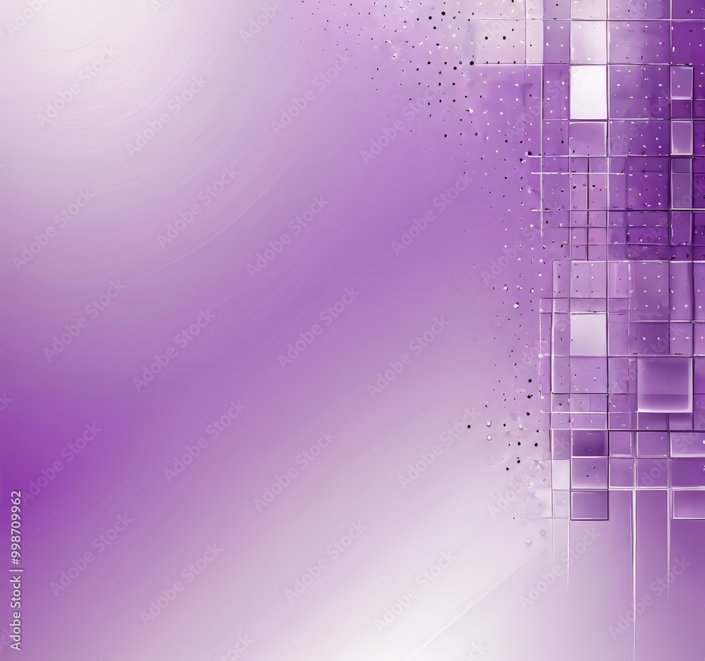 Poster a purple background with a geometric pattern of square tiles, some of which are transparent and scattered randomly across the frame