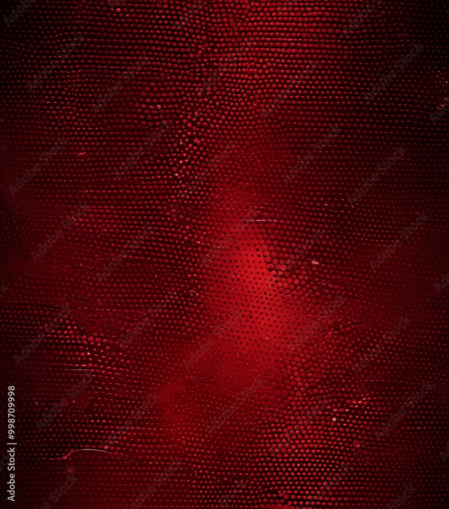 Poster a close-up view textured surface with a red hue, resembling a woven or knitted fabric The surface is composed of small, circular dots or dots, creating a pattern that
