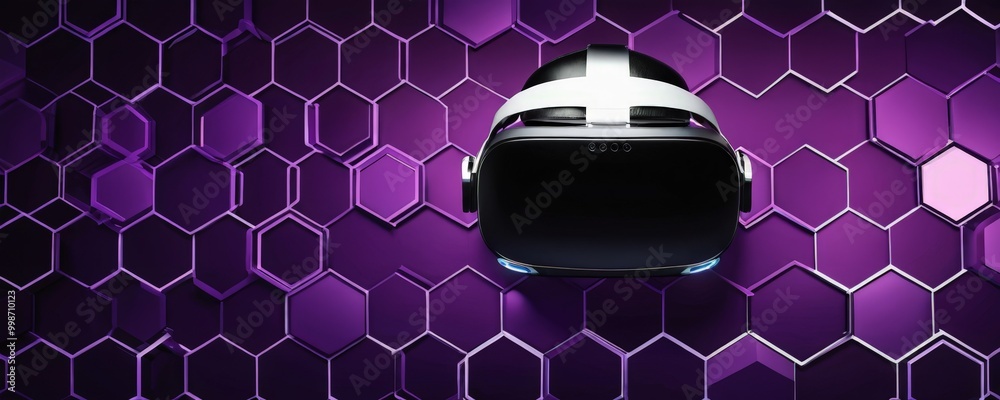 Poster a black virtual reality headset with a white strap is centered against a purple hexagonal background