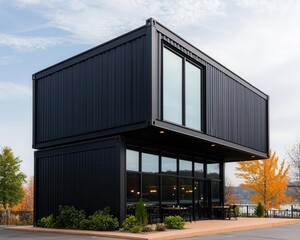 Obraz premium Industrial-style container restaurant exterior with rusted steel siding, rooftop bar, and urban skyline backdrop