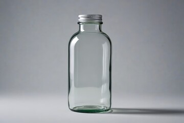 a close up of a glass bottle with a white lid