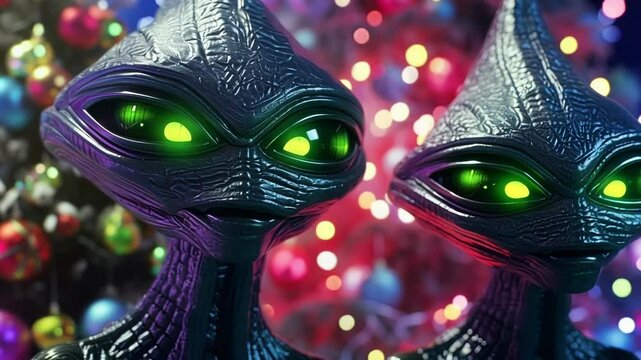 Curious aliens marvel at a festive christmas tree on a winter night, blending sci fi and fantasy in a whimsical image
