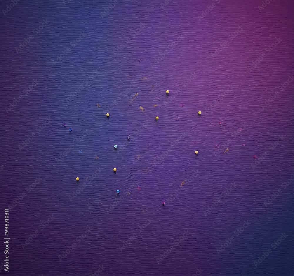 Poster a dark purple background with scattered small white and yellow dots, resembling stars or particles, creating a sense of randomness and movement