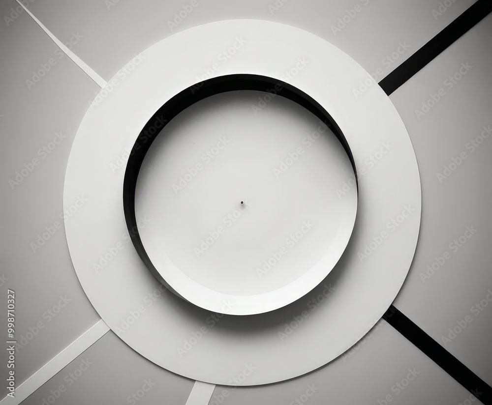 Aufkleber a minimalist black and white circular design with a small hole in the center, surrounded by diagonal