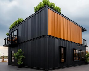 Fototapeta premium Industrial-style container restaurant exterior with rusted steel siding, rooftop bar, and urban skyline backdrop