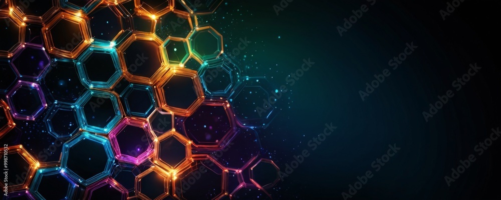 Poster a vibrant display of hexagonal shapes in various colors, including orange, blue, purple, and green, 