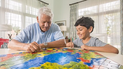 A heartwarming image of a grandfather and grandson bonding over a jigsaw puzzle. The joy on their faces highlights the special connection between generations and the importance of shared activities.