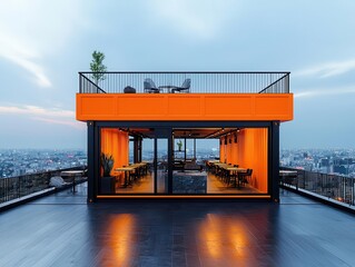 Industrial-style container restaurant exterior with rusted steel siding, rooftop bar, and urban skyline backdrop