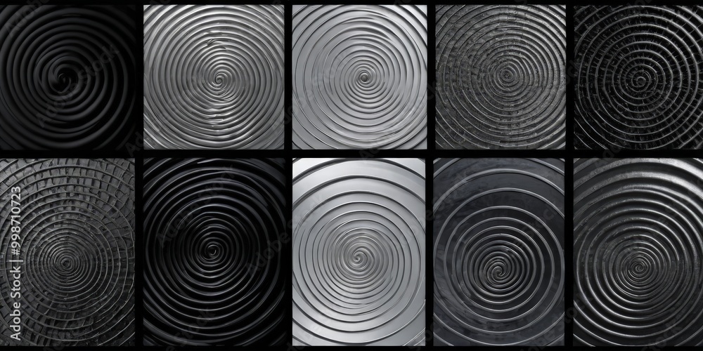 Poster a grid of nine black and white photographs, each featuring a spiral pattern The photographs vary in size and orientation, creating a diverse visual effect