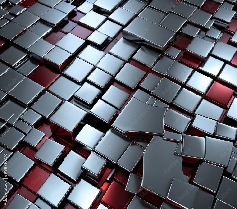 Poster a metallic surface composed of numerous square tiles in varying shades of gray and red, arranged in a grid-like pattern