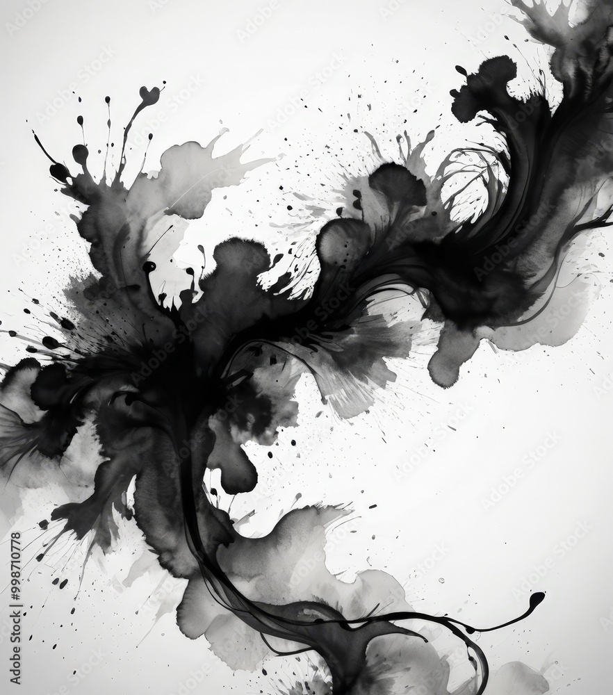 Poster a striking black and white abstract artwork featuring a dynamic, swirling pattern of ink splatters a