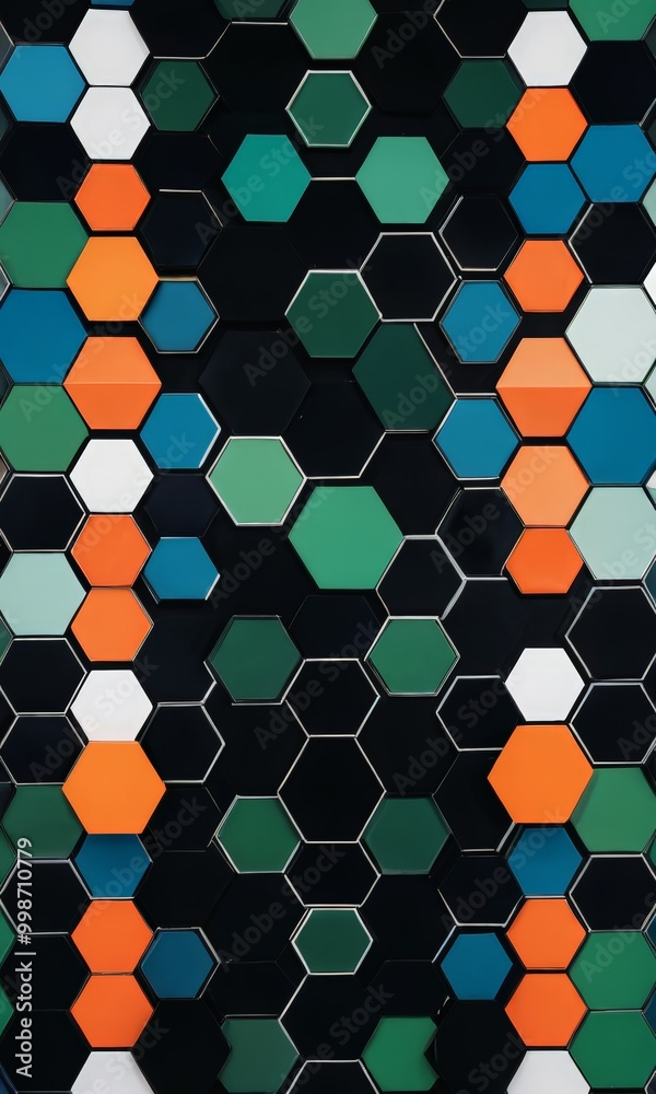 Aufkleber a repeating pattern of hexagonal shapes in various colors, including shades of green, orange, and wh
