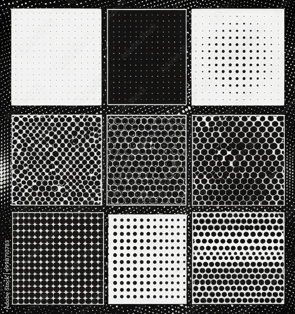 Aufkleber The contains nine square patterns, each with a unique arrangement of dots and lines, creating a visually striking and abstract design